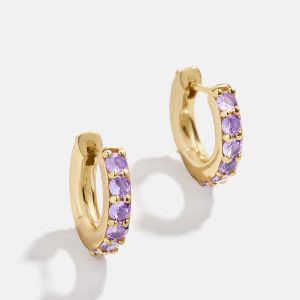 18K Gold Birthstone Huggie Earrings - Light Amethyst