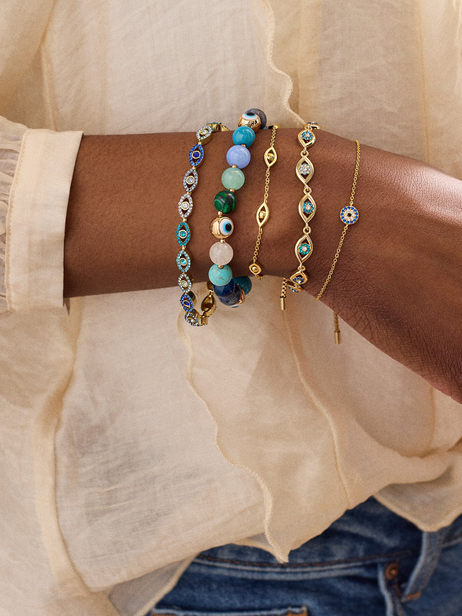 Evil Eye Semi-Precious Stretch Bracelet - Blue - Image 4