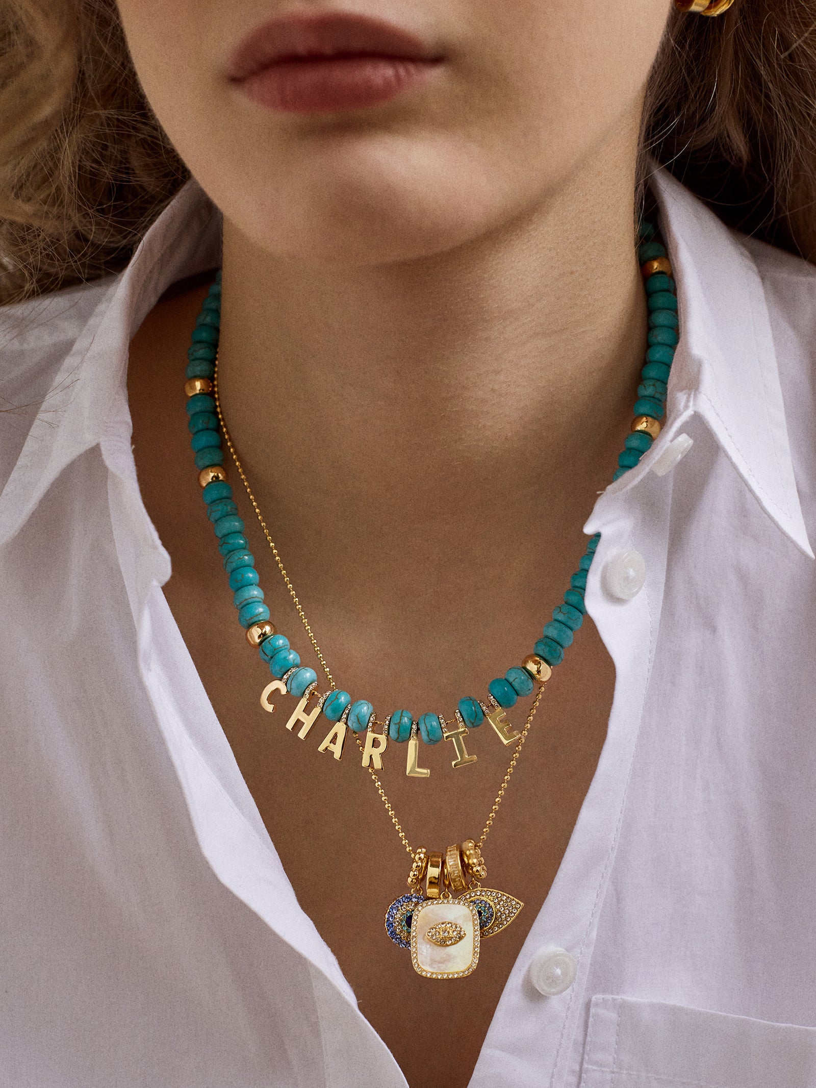 Semi-Precious Gold Custom Nameplate Necklace - Gold/Blue - Image 2