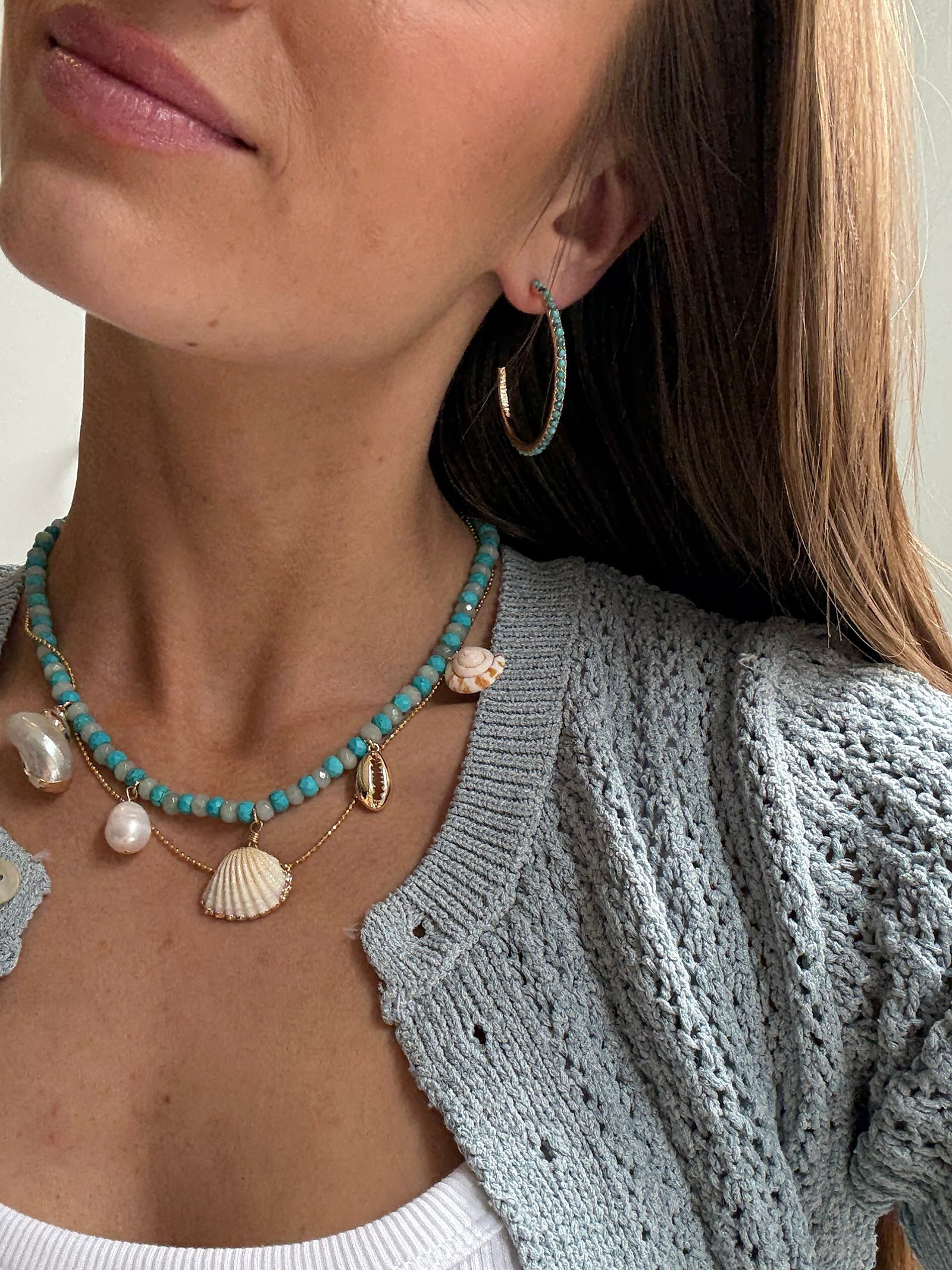 Nina Semi-Precious Hoop Earrings - Gold/Turquoise - Image 2