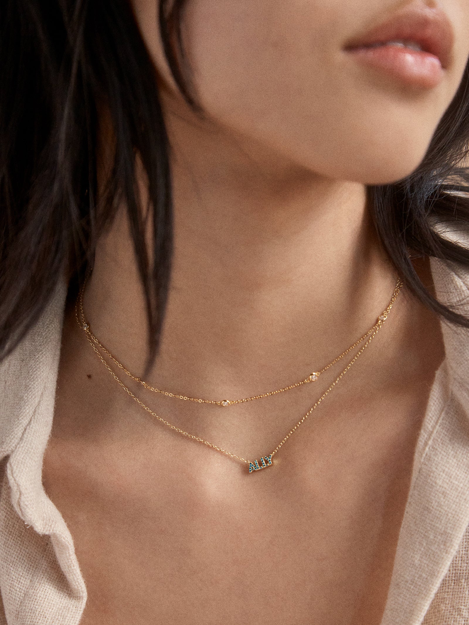 18K Gold Birthstone Custom Nameplate Necklace - Sapphire - Image 4