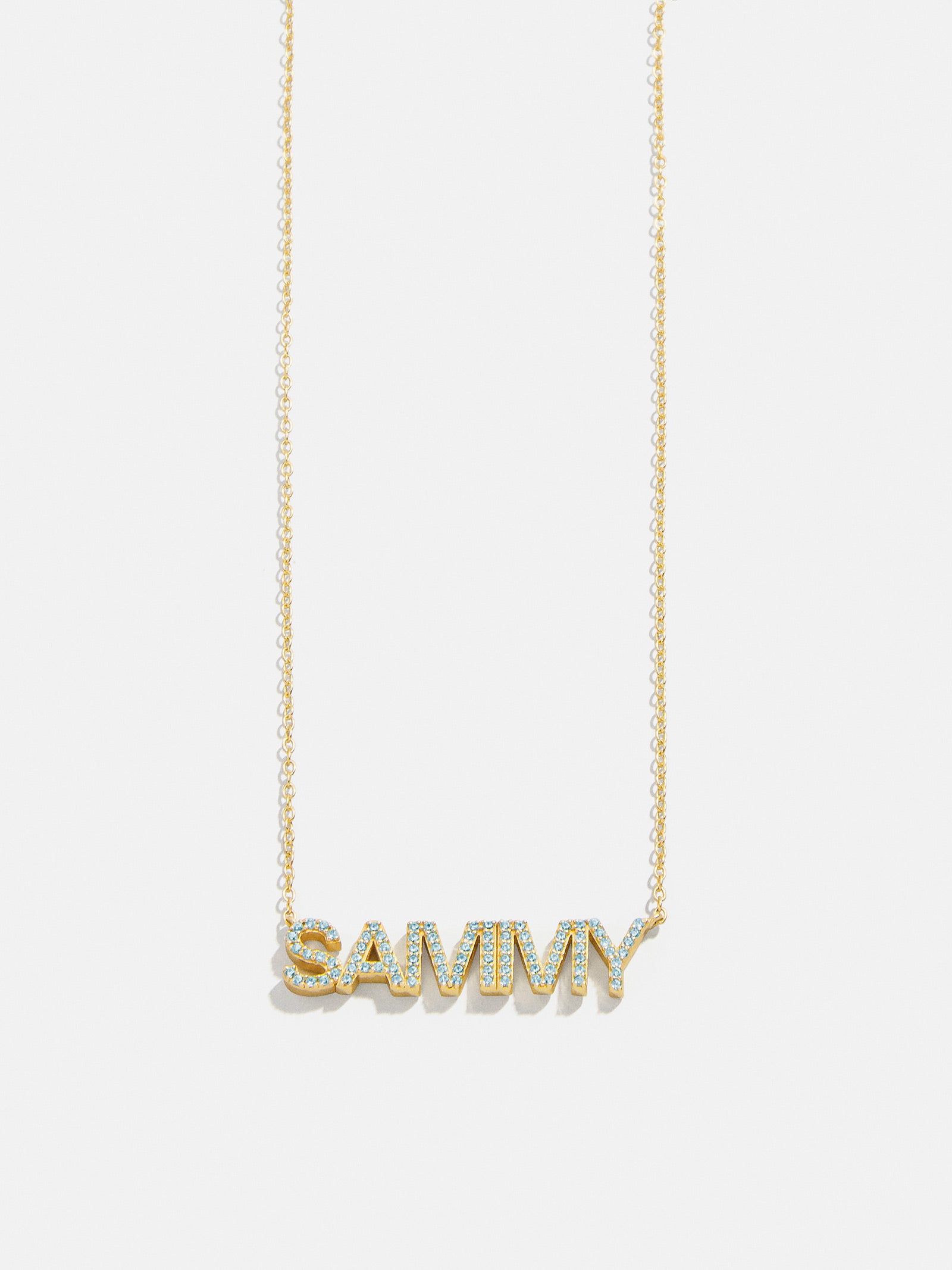 18K Gold Birthstone Custom Nameplate Necklace - Aquamarine - Image 5