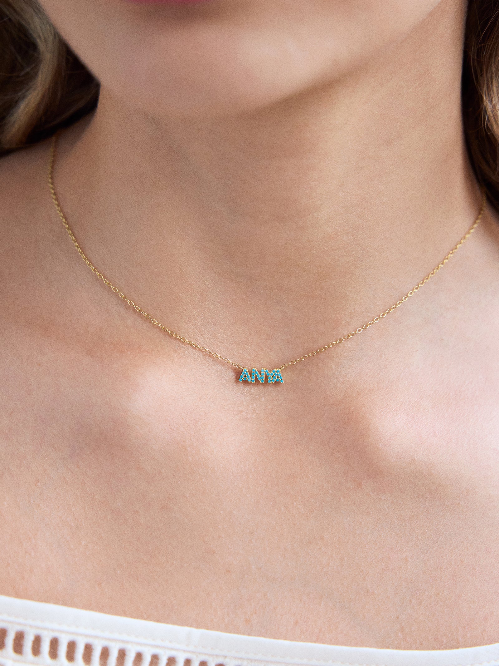 18K Gold Semi-Precious Custom Nameplate Necklace - Turquoise - Image 4